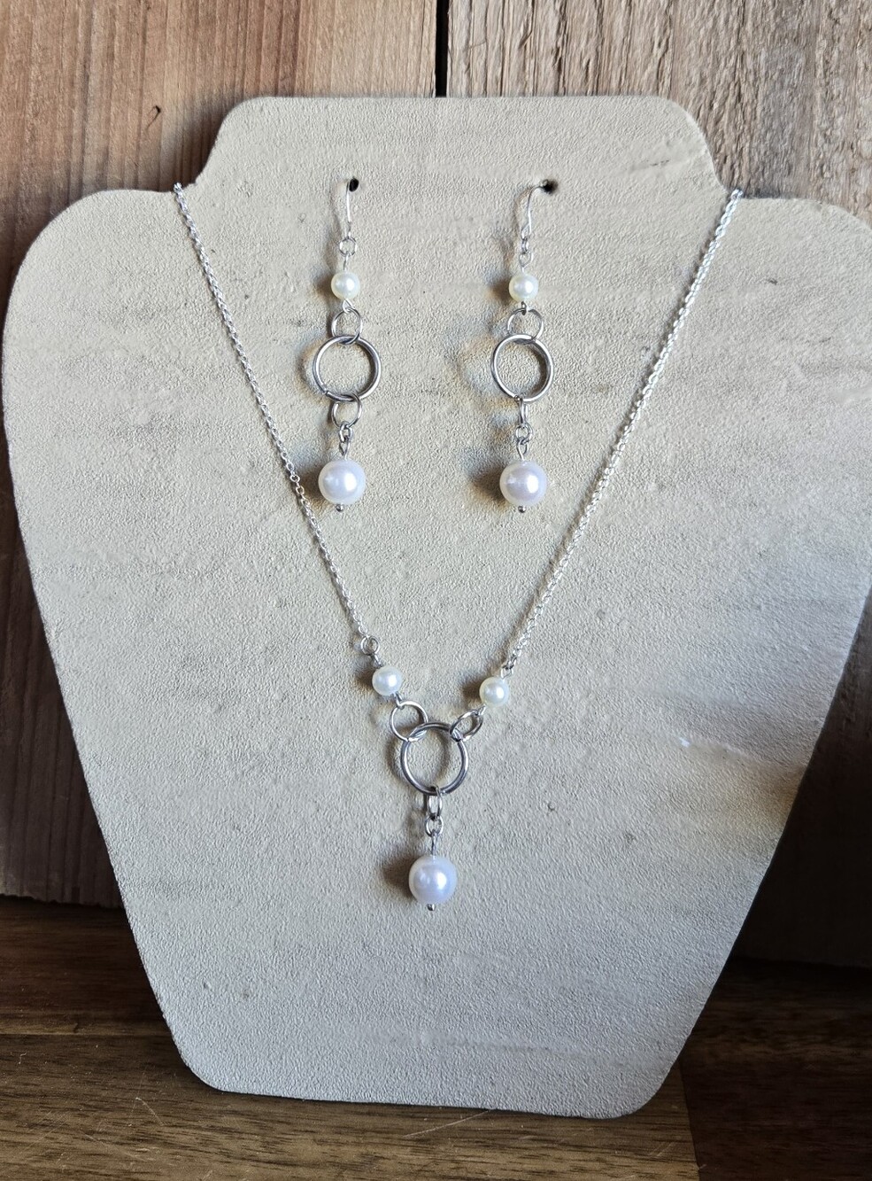 Classic White Pearl Drop Necklace and Earrings Set - Silver Tone